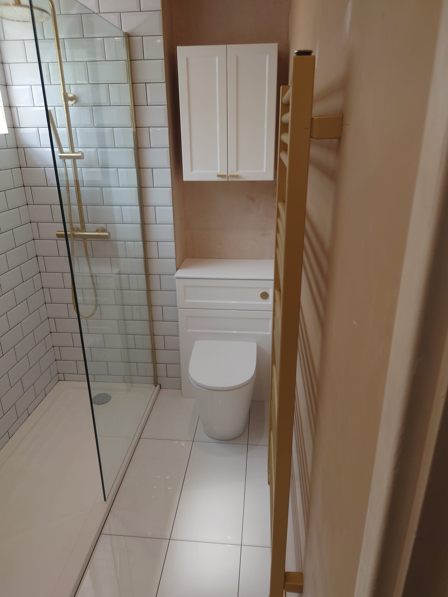 Bathroom with shower enclosure, toilet and gold towel rail